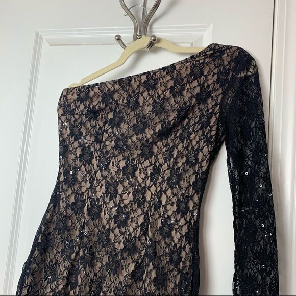 Twenty One black lace one-sleeved dress with sheer lace sleeve and tan liner - Picture 2 of 8